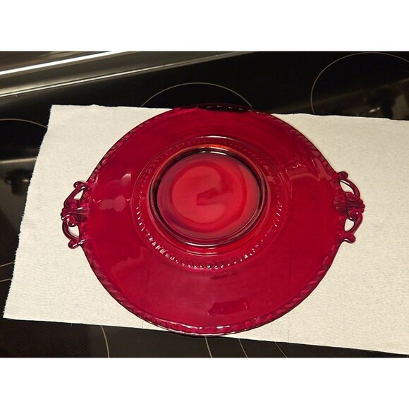 Vintage Paden City Red Depression Glass Filigree Gadroon Pattern Cheese Plate - Picture 10 of 13